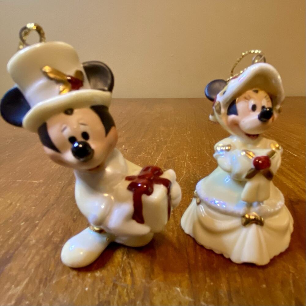 Disney Mickey & Minnie Christmas Ornaments Gold Victorian Holding Presents